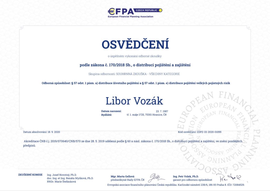 Libor Vozák - certifikace pojištění