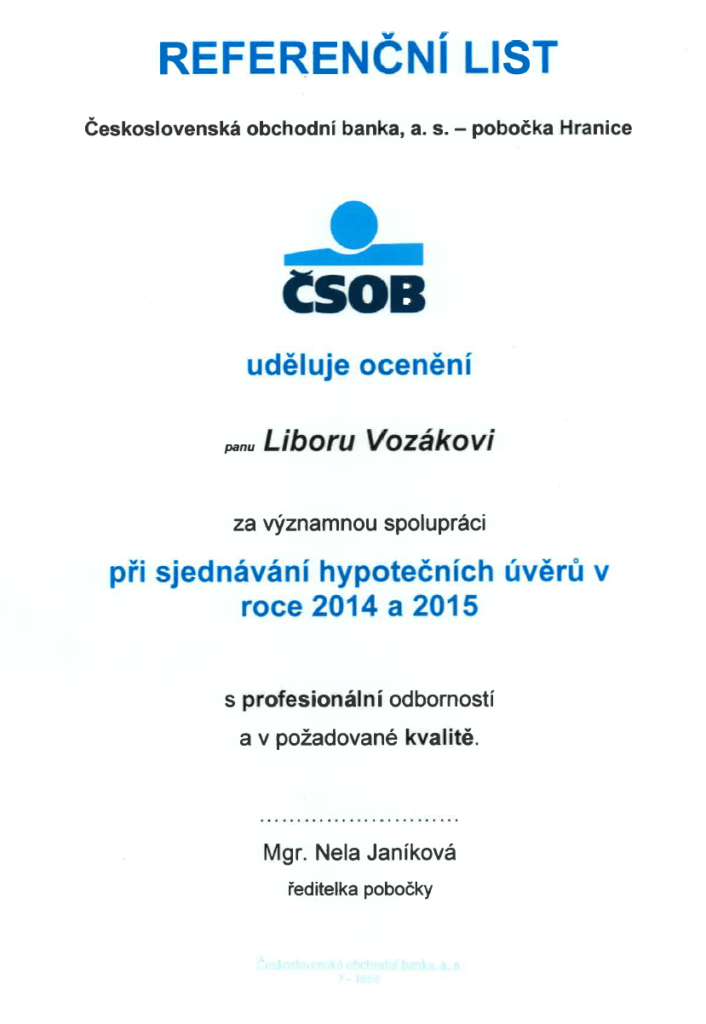 Libor Vozák - ČSOB referenční list 2014